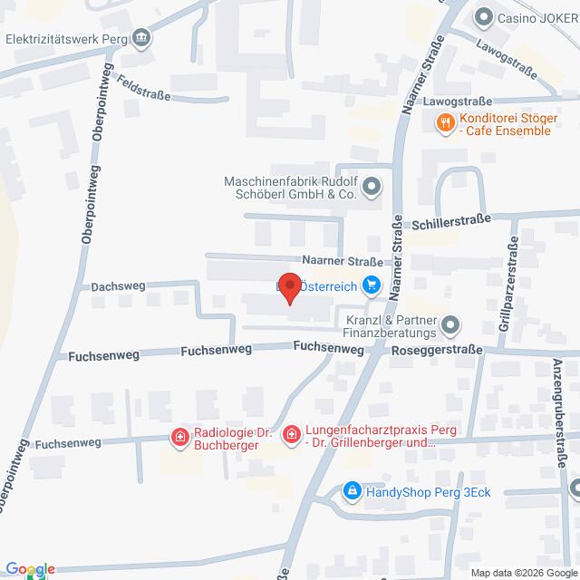 Lehrlingsportal.at Karte, die einen Ausschnitt aus Perg (Österreich) zeigt, mit beschrifteten Straßen, Geschäften und Sehenswürdigkeiten; im Mittelpunkt steht die Naarner Straße in der Nähe des Fuchsonewegs und der Roseggerstraße.