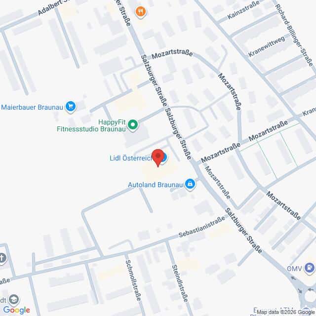 Lehrlingsportal.at Karte mit der Lage von Lidl Österreich in Braunau, Österreich, in der Nähe der Salzburger Straße und der Mozartstraße, auf der die umliegenden Geschäfte eingezeichnet sind.