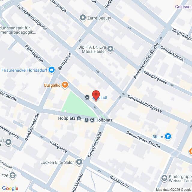 Lehrlingsportal.at Karte, auf der der Standort einer Lidl-Filiale an der Kreuzung von Petritschgasse und Hoßplatz in Wien dargestellt ist, mit den umliegenden Straßen und Geschäften.