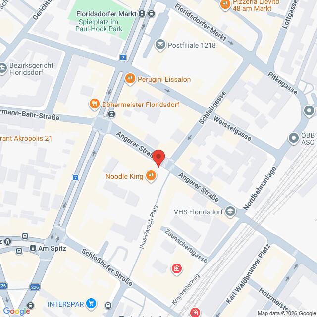 Lehrlingsportal.at Karte, auf der die Kreuzung der Angerer Straße und der Schloßhofer Straße in Floridsdorf, Wien, dargestellt ist, mit den in der Nähe gelegenen Geschäften und Sehenswürdigkeiten.