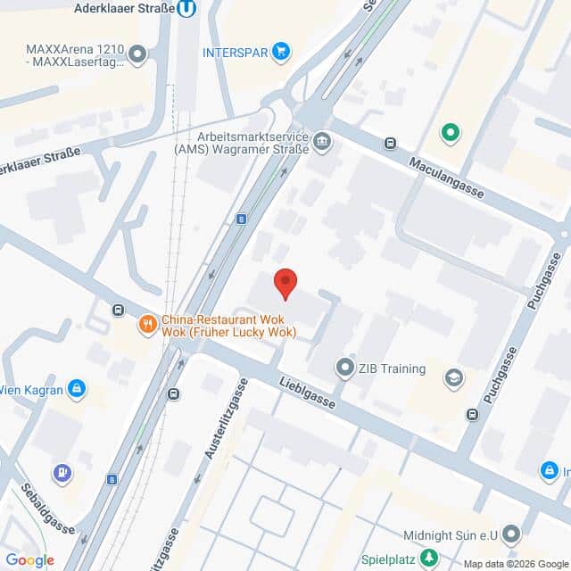 Lehrlingsportal.at Karte mit einer Standortmarkierung in der Nähe der Wagramer Straße in Wien, Österreich, auf der nahegelegene Geschäfte und Straßennamen eingezeichnet sind.