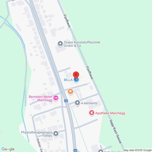Lehrlingsportal.at Karte mit der Lage von BILLA und den umliegenden Geschäften in Marchegg, Österreich, darunter ein Motel, eine Apotheke und Arztpraxen entlang der Fünfhausstraße.