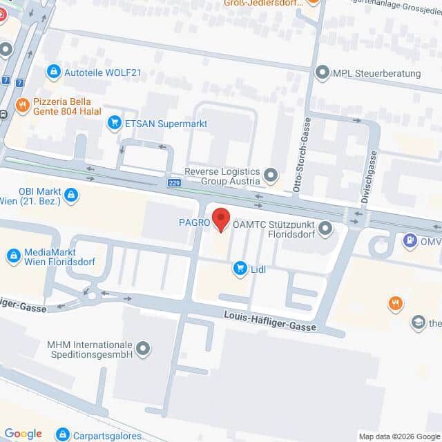 Lehrlingsportal.at Eine digitale Kartenansicht, die Straßen, Geschäfte und Sehenswürdigkeiten in der Umgebung von Wien-Floridsdorf, Österreich, zeigt, mit einer roten Standortmarkierung in der Mitte.