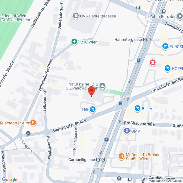 Lehrlingsportal.at Karte, die einen Ausschnitt von Wien, Österreich, zeigt, mit einem Marker in der Nähe der Lidl- und BILLA-Filialen an der Kreuzung von Gersdorfer Straße und Großbauerstraße als Mittelpunkt. In der Nähe befindliche Orte und Straßen sind beschriftet.