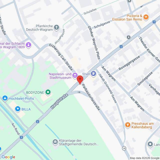 Lehrlingsportal.at Eine Karte mit Straßen, Geschäften und Sehenswürdigkeiten in Deutsch-Wagram, Österreich, darunter eine Shell-Tankstelle, ein Museum, Restaurants und die wichtigsten Kreuzungen.