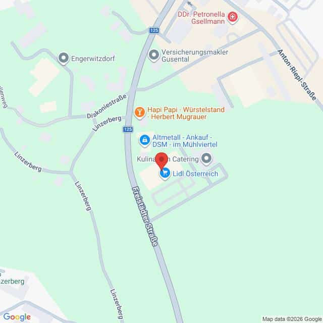 Lehrlingsportal.at Karte mit den Standorten von Lidl Österreich und den umliegenden Geschäften entlang der Freistädter Straße in Österreich, mit Markierungen, die verschiedene Geschäfte und Dienstleistungen kennzeichnen.
