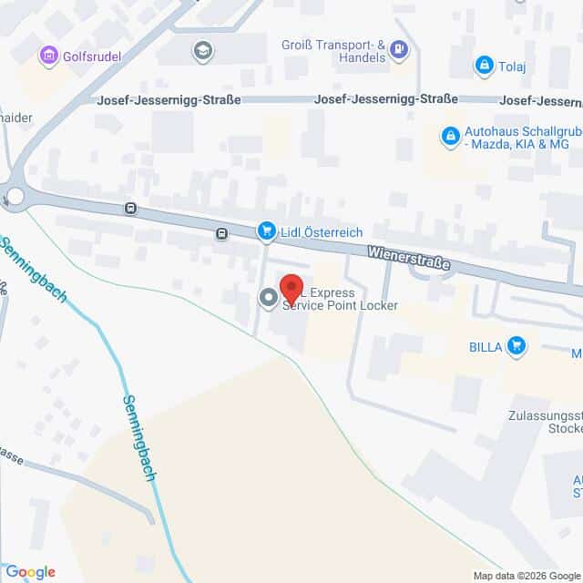 Lehrlingsportal.at Karte mit der Lage eines Express Service Point-Schließfachs in der Wienerstraße nahe der Josef-Jessernigg-Straße, auf der nahegelegene Geschäfte und Straßen eingezeichnet sind.
