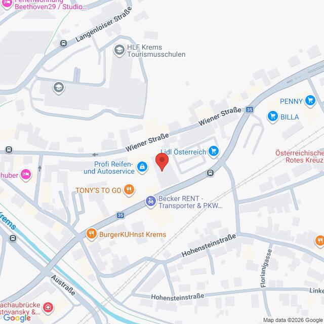 Lehrlingsportal.at Karte der Umgebung der Wiener Straße in Krems, Österreich, auf der Geschäfte wie Lidl, Profi Reifen und Tony’s To Go hervorgehoben sind.