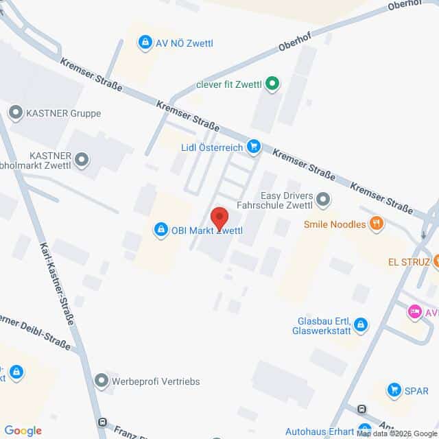Lehrlingsportal.at Karte mit der Lage des OBI-Markts Zwettl, umgeben von Straßen und nahegelegenen Geschäften, darunter Lidl Österreich und Smile Noodles.