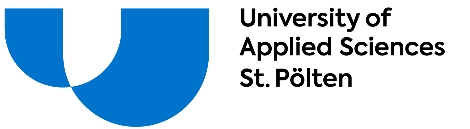 Lehrlingsportal.at Logo der Fachhochschule St. Pölten mit einem blauen, abstrakten Motiv und schwarzem Text auf hellem Hintergrund.