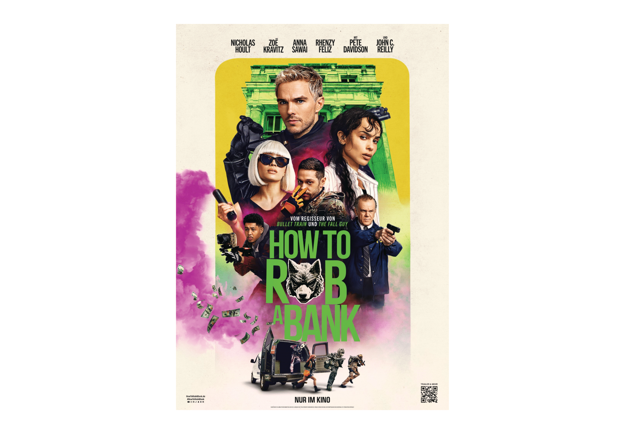 Lehrlingsportal.at Filmplakat zu „How to Rob a Bank“ mit den Hauptdarstellern, einem Banktresor und einem gepanzerten Geldtransporter sowie dem Titel in großer grüner Schrift.