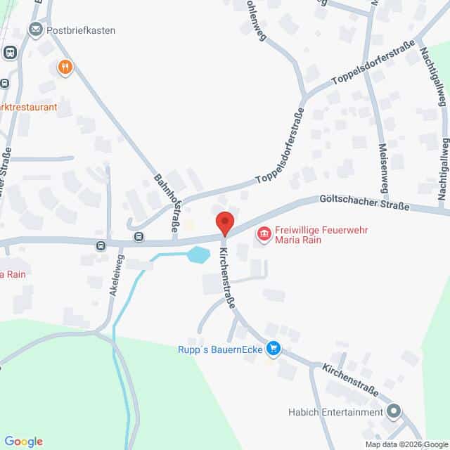 Lehrlingsportal.at Karte, die eine Straßenkreuzung in Maria Rain zeigt, wobei eine rote Markierung einen Ort an der Kirchenstraße kennzeichnet.