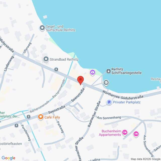 Lehrlingsportal.at Google-Maps-Ansicht der Gegend um Reifnitz am Wörthersee mit einer roten Markierung an der Seenstraße.