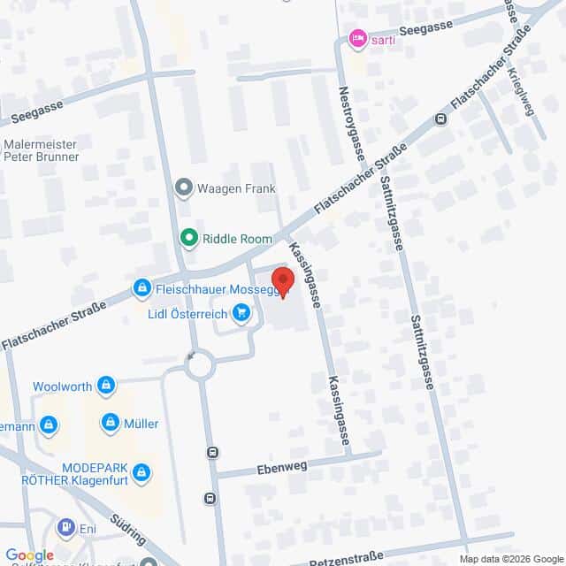 Lehrlingsportal.at Google-Maps-Ansicht der Gegend rund um die Flatschacher Straße in Klagenfurt, wobei ein roter Marker einen Standort kennzeichnet.