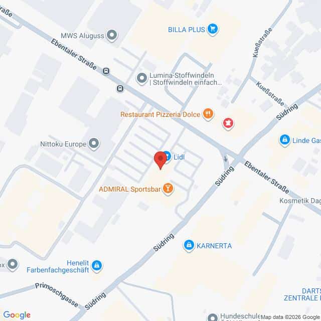 Lehrlingsportal.at Google Maps-Ansicht eines Lidl-Standorts in der Ebentaler Straße mit markierten Geschäften in der Umgebung.