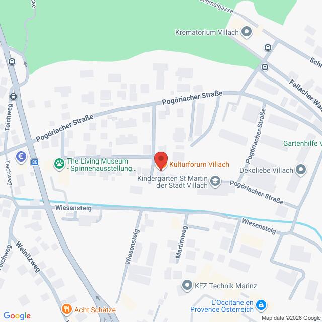 Lehrlingsportal.at Karte der Umgebung des Kulturforums Villach mit Straßennamen und lokalen Sehenswürdigkeiten.