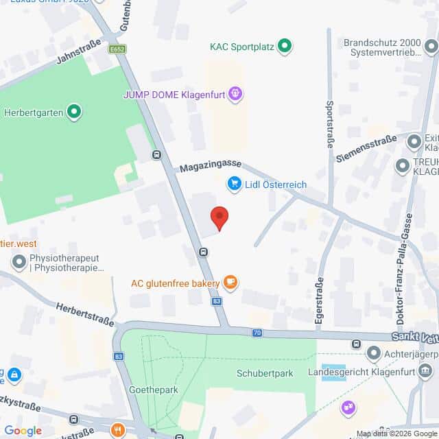 Lehrlingsportal.at Digitale Karte, die einen Bereich in Klagenfurt, Österreich, zeigt, mit einer roten Markierung, die einen bestimmten Ort in der Nähe der Magazingasse und eines Lidl-Marktes kennzeichnet.