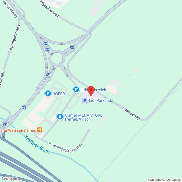 Lehrlingsportal.at Eine Karte, auf der der Standort einer Lidl-Filiale und eines Parkplatzes in Treffen, Österreich, in der Nähe anderer örtlicher Geschäfte und Straßen dargestellt ist.