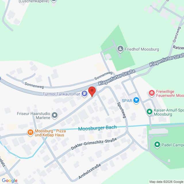 Lehrlingsportal.at Karte von Moosburg mit einer roten Markierung an der Klagenfurter Straße in der Nähe des SPAR-Marktes und des Moosburger Bachs.