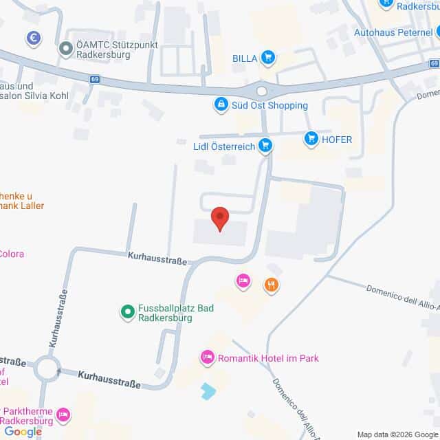 Lehrlingsportal.at Eine Karte der Umgebung der Kurhausstraße in Bad Radkersburg, auf der ein Ort mit einer roten Stecknadel markiert ist.