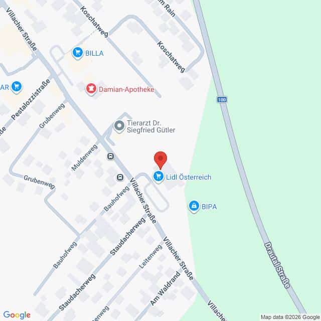 Lehrlingsportal.at Eine Google-Karte eines Wohngebiets, auf der ein Lidl-Supermarkt mit einer roten Stecknadel markiert ist.