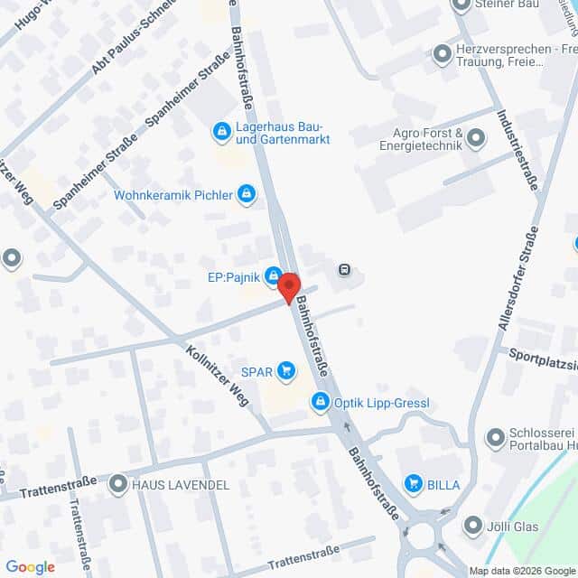 Lehrlingsportal.at Kartenansicht der Bahnhofstraße in Völkermarkt, Österreich, mit einer roten Markierung, die den Standort von EP:Pajnik kennzeichnet.