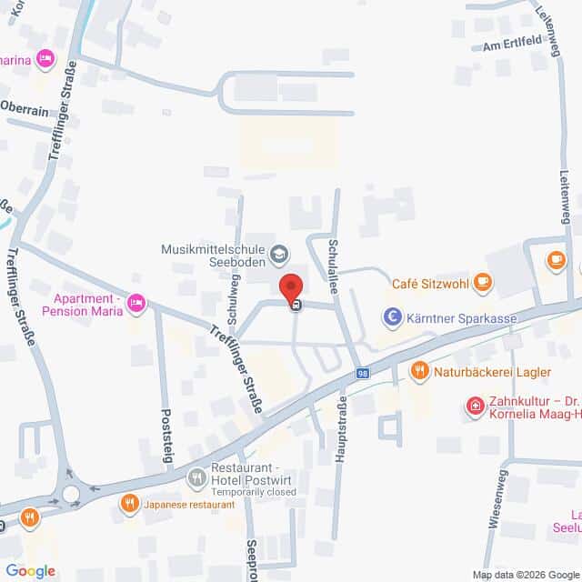 Lehrlingsportal.at Google Maps-Ansicht des Zentrums von Seeboden, Österreich, mit einer roten Stecknadel, die einen Standort an der Schulallee markiert.