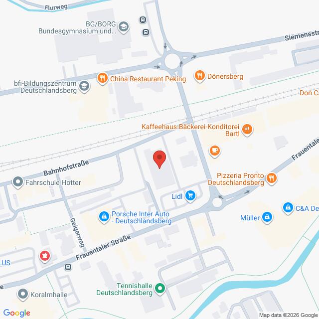 Lehrlingsportal.at Eine Karte des Stadtzentrums von Deutschlandsberg, Österreich, mit einer roten Stecknadel, die einen Ort an der Bahnhofstraße in der Nähe des Lidl-Supermarkts markiert.