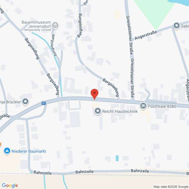 Lehrlingsportal.at Google-Maps-Ansicht von Jennersdorf, Österreich, mit einer roten Ortsmarkierung in der Nähe der Kreuzung von Bergsiedlung und Angerstraße.
