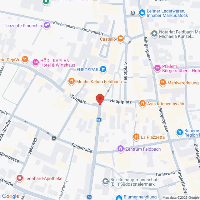 Lehrlingsportal.at Eine digitale Karte der Feldbacher Innenstadt mit einer roten Stecknadel, die einen Ort am Hauptplatz markiert.