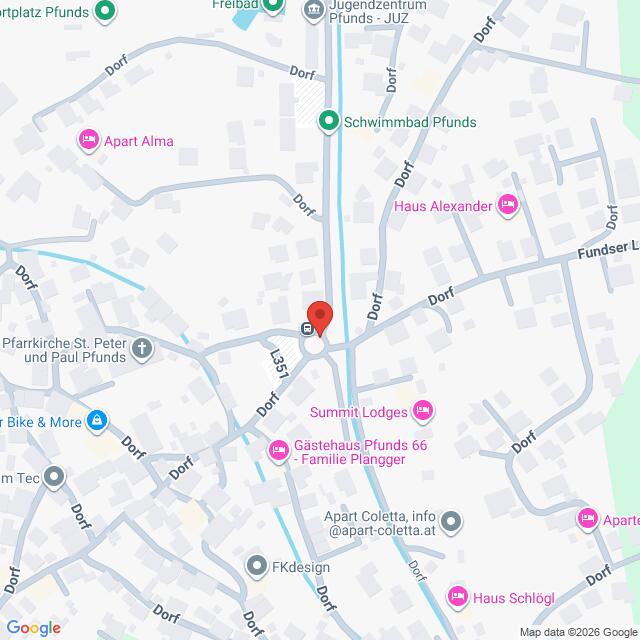 Lehrlingsportal.at Digitale Karte des Stadtzentrums von Pfunds mit einer roten Stecknadel, die einen zentralen Ort markiert, sowie Symbolen für lokale Geschäfte und Sehenswürdigkeiten.