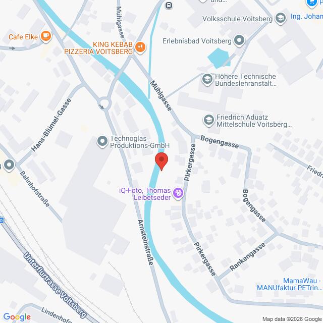 Lehrlingsportal.at Karte, auf der die Position einer roten Markierung auf einer Straße in Voitsberg, Österreich, in der Nähe des Flusses Kainach zu sehen ist.