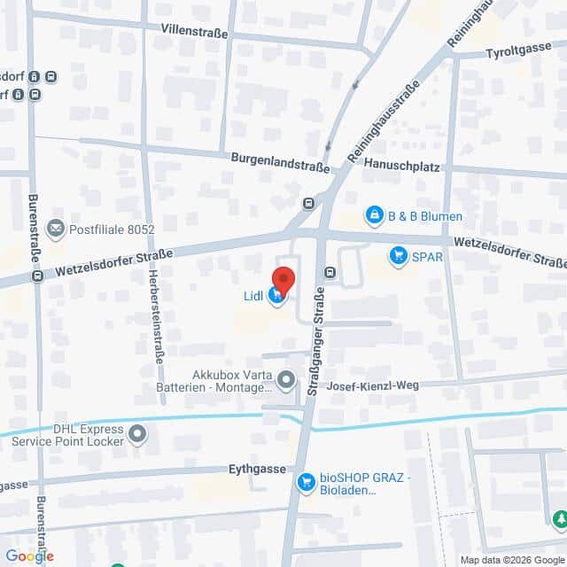 Lehrlingsportal.at Karte eines Stadtteils in Graz, Österreich, auf der eine rote Stecknadel einen Lidl-Markt in der Nähe der Kreuzung von Wetzelsdorfer Straße und Straßganger Straße markiert.