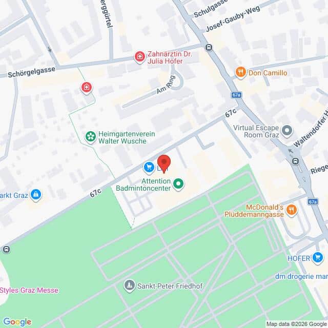 Lehrlingsportal.at Ausschnitt aus Google Maps, der den Standort des Attention Badmintoncenters in Graz zeigt, markiert mit einer roten Stecknadel.