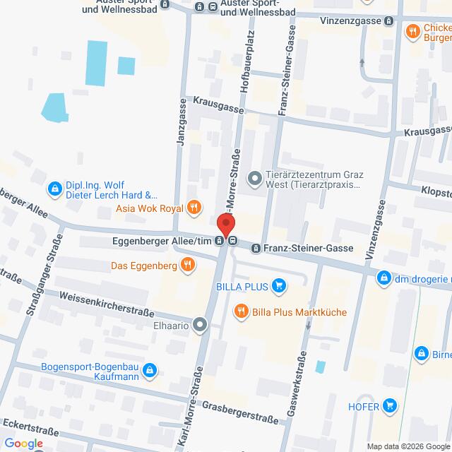 Lehrlingsportal.at Karte eines Stadtteils in Graz, Österreich, auf der die Kreuzung der Eggenberger Allee und der Karl-Morre-Straße mit einer roten Stecknadel markiert ist.