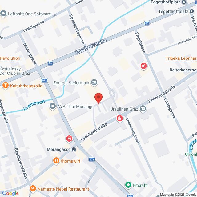 Lehrlingsportal.at Eine digitale Karte mit Straßennamen und Sehenswürdigkeiten in Graz, auf der ein bestimmter Ort in der Nähe der Leonhardstraße mit einer roten Markierung gekennzeichnet ist.