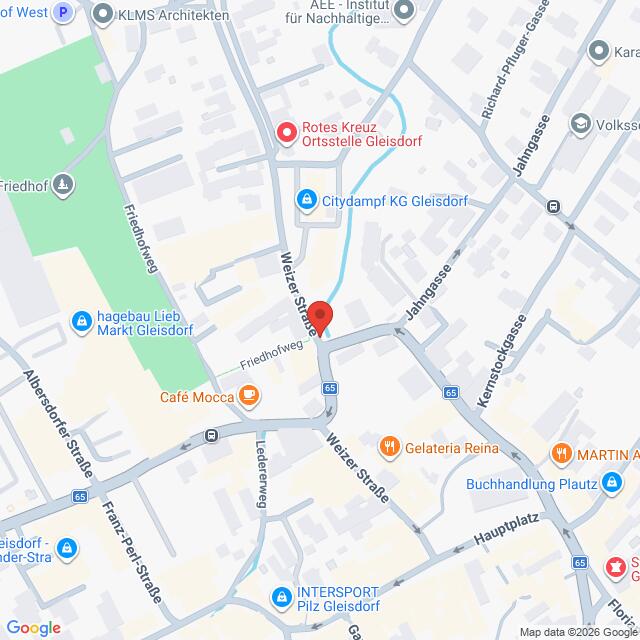 Lehrlingsportal.at Eine Google-Maps-Ansicht des Zentrums von Gleisdorf mit Straßennamen und lokalen Sehenswürdigkeiten, wobei eine rote Stecknadel einen Standort an der Weizer Straße markiert.