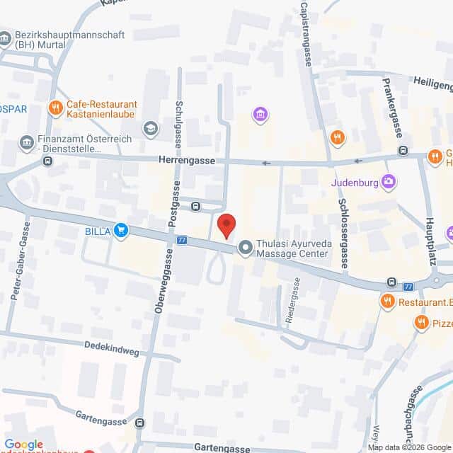 Lehrlingsportal.at Google-Maps-Ansicht von Judenburg mit einer roten Markierung, die einen Ort in der Nähe der Herrengasse und der Postgasse kennzeichnet.