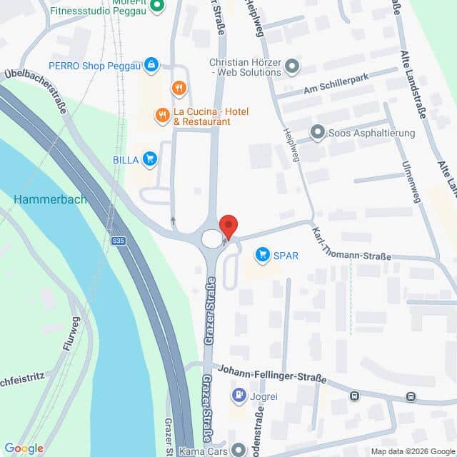Lehrlingsportal.at Eine Karte der Gegend um Peggau in Österreich, auf der Straßen, örtliche Geschäfte und eine rote Standortmarkierung an der Grazer Straße zu sehen sind.