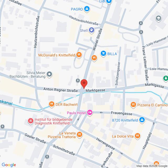Lehrlingsportal.at Karte von Knittelfeld mit einer roten Stecknadel, die einen Ort in der Marktgasse markiert.