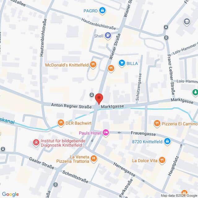Lehrlingsportal.at Eine digitale Karte von Knittelfeld, Österreich, auf der ein roter Marker einen Ort in der Nähe der Kreuzung von Wiener Straße und Marktgasse kennzeichnet.