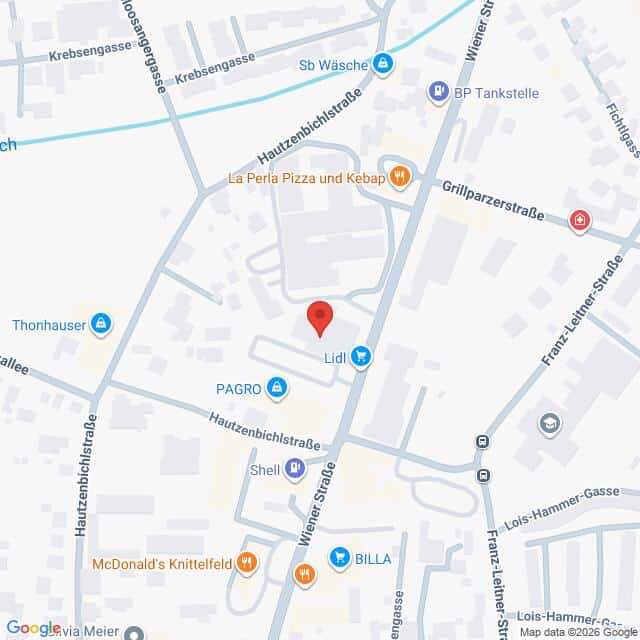 Lehrlingsportal.at Eine Google-Maps-Ansicht eines Gebiets in Knittelfeld mit Straßennamen und örtlichen Geschäften, wobei eine rote Markierung auf einen Standort in der Nähe eines Lidl-Marktes zentriert ist.