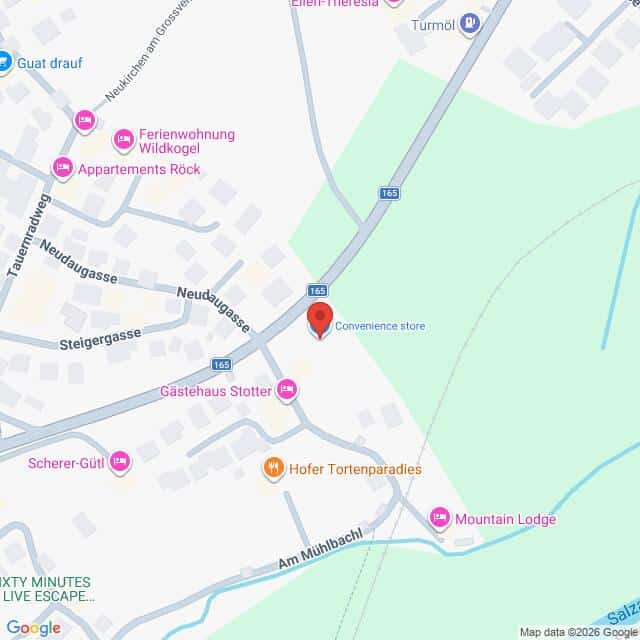 Lehrlingsportal.at Eine Google-Maps-Ansicht einer Stadt in der Nähe der Straße 165, auf der ein roter Pin einen Supermarkt markiert.