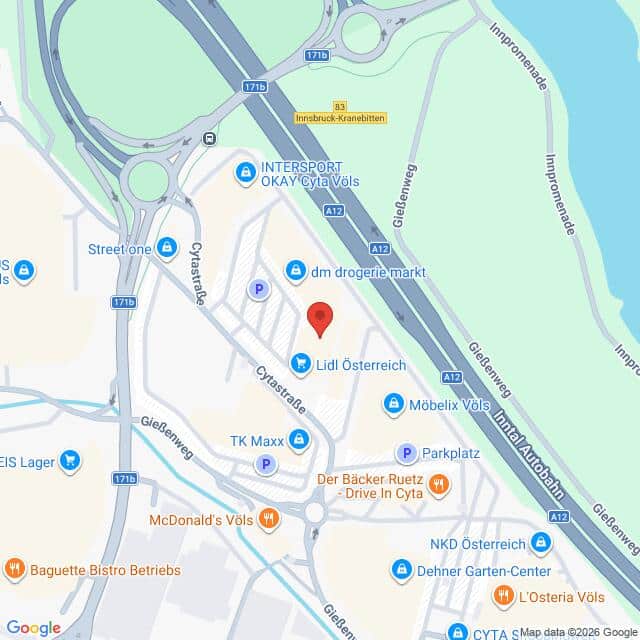Lehrlingsportal.at Karte der Umgebung von Cyta Völs in Innsbruck, auf der ein roter Pin einen Standort an der Cytastraße markiert.
