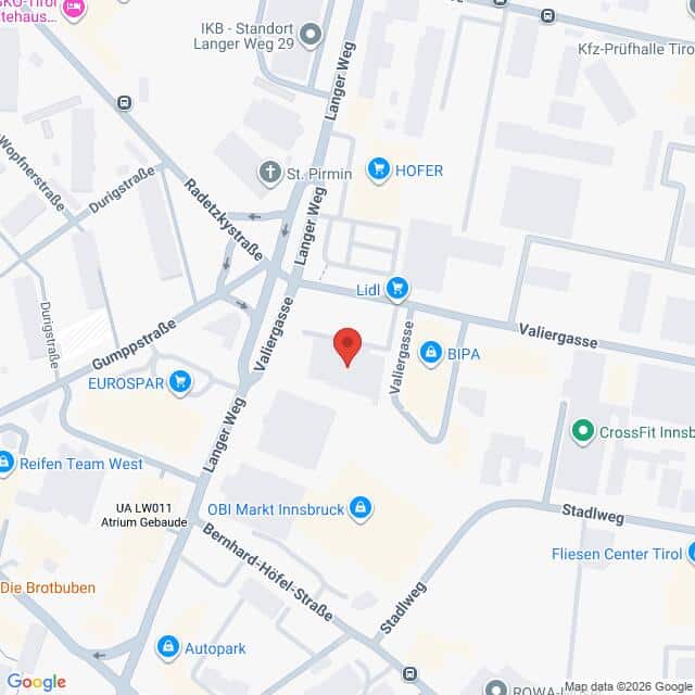 Lehrlingsportal.at Kartenansicht eines Stadtteils in Innsbruck, Österreich, mit einer roten Stecknadel, die einen Ort in der Nähe des Langer Wegs und der Valiergasse markiert.