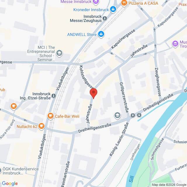 Lehrlingsportal.at Karte des Gebiets um die Jahnstraße in Innsbruck, Österreich, mit einer roten Stecknadel, die einen bestimmten Ort markiert.