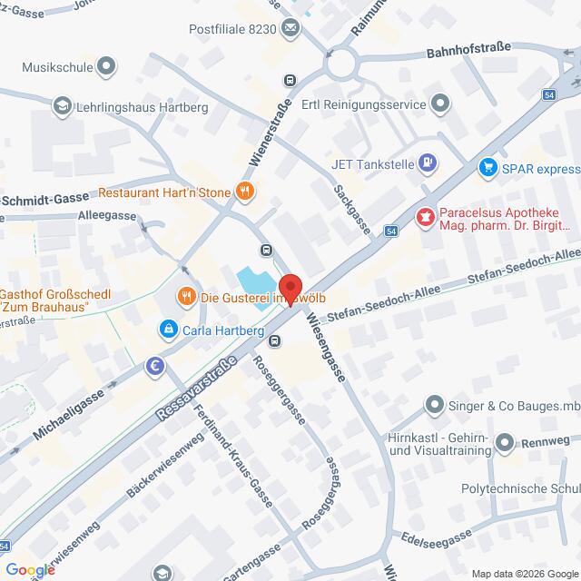 Lehrlingsportal.at Eine Google-Maps-Ansicht des Zentrums von Hartberg, Österreich, mit einer roten Markierung, die einen Ort in der Nähe der Stefan-Seedoch-Allee kennzeichnet.