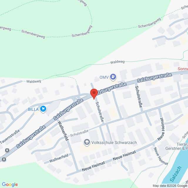 Lehrlingsportal.at Karte eines Gebiets in Schwarzach mit einer Standortmarkierung an der Salzburgerstraße nahe der Kreuzung mit der Schulstraße.