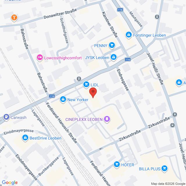 Lehrlingsportal.at Karte mit einer roten Standortmarkierung über einer Lidl-Filiale in Leoben, umgeben von örtlichen Straßen und Geschäften.