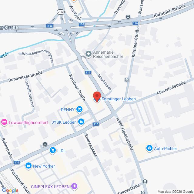 Lehrlingsportal.at Karte mit der Lage von „Forstinger Leoben“, markiert mit einer roten Stecknadel in Leoben, Österreich.